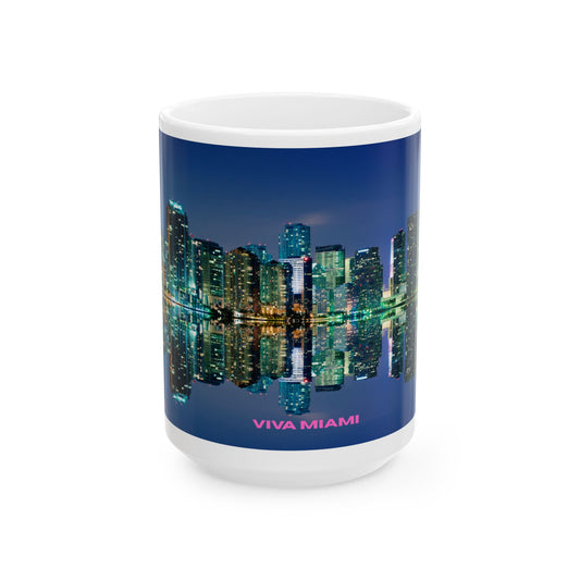 Miami Night Skyline Ceramic Mug — 'Viva Miami' Neon Cityscape Coffee Cup (11oz, 15oz)